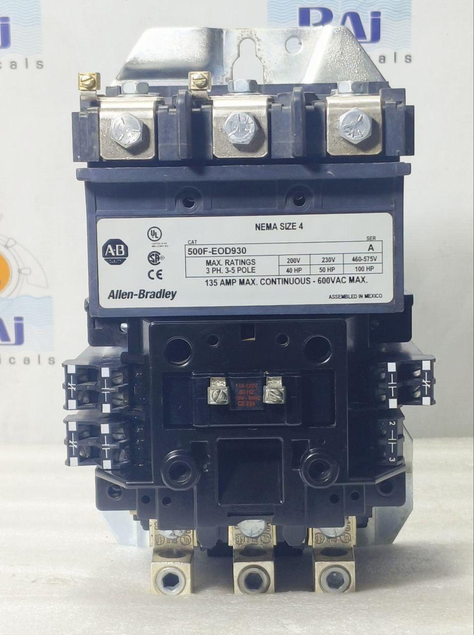 ALLEN BRADLEY 500F-EOD930 NEMA SIZE 4 AC CONTACTOR 3 POLE 115-120VAC 135A 100HP