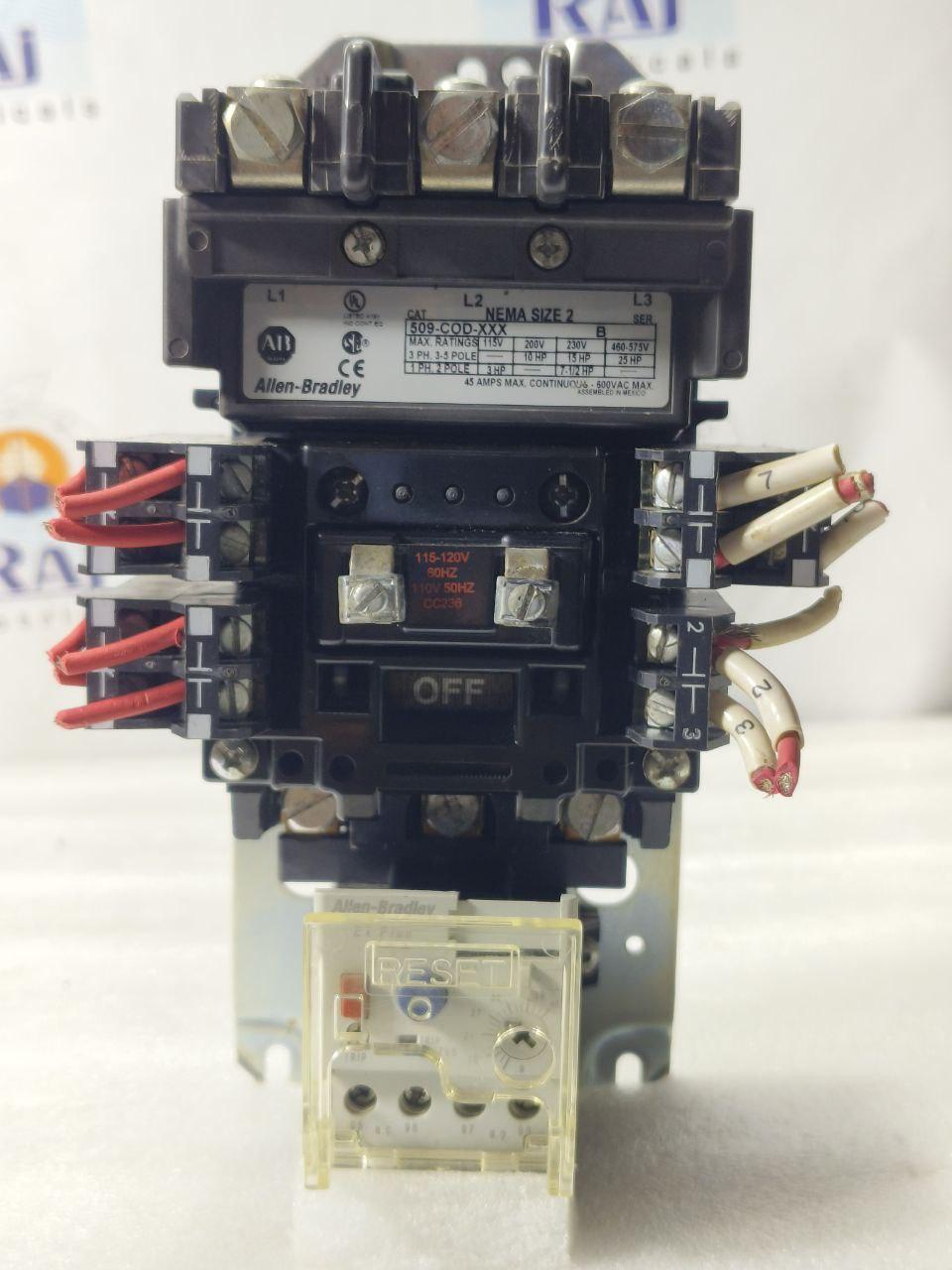 ALLEN BRADLEY 509-COD-XXX SER B NEMA SIZE 2 CONTACTOR 110-120V WITH RELAY 9-45A