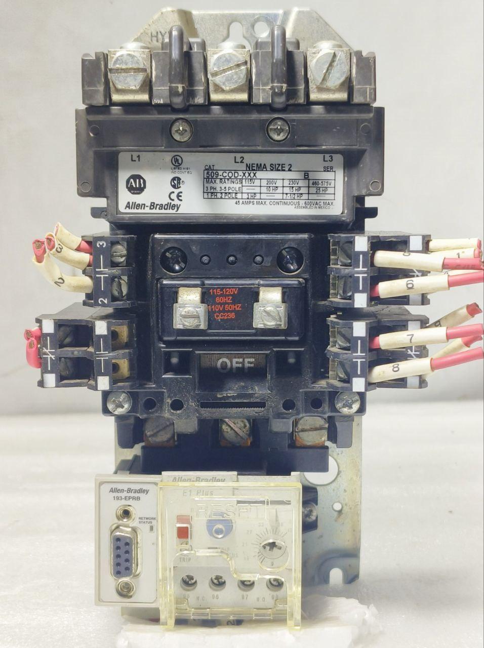 ALLEN BRADLEY 509-COD-XXX SER B NEMA SIZE 2 CONTACTOR 120V WITH RELAY 193-EPRB